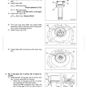 Op de afbeelding: Diagram uit een handleiding met de demontage en montage van een Torqflow-transmissie. De afbeelding bevat gedetailleerde illustraties van onderdelen zoals afstandhouders, platen en borgringen, met metingen in Nm en kgm.