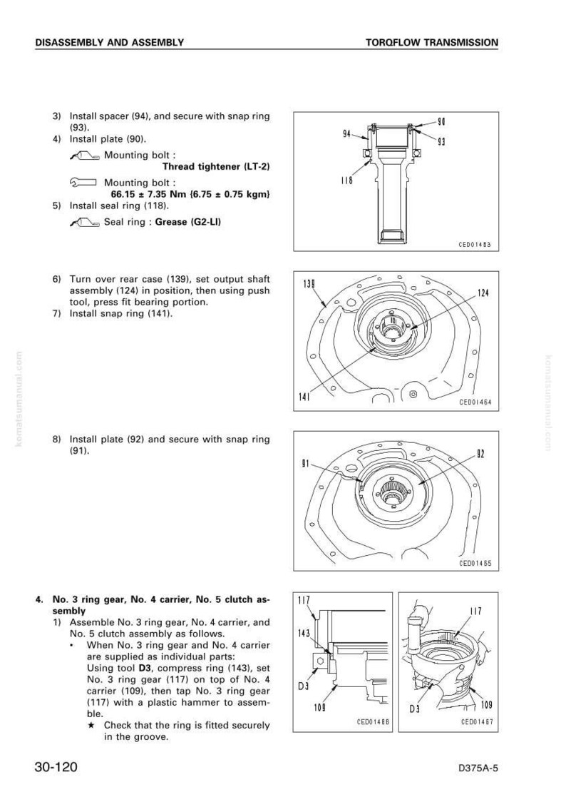 Op de afbeelding: Diagram uit een handleiding met de demontage en montage van een Torqflow-transmissie. De afbeelding bevat gedetailleerde illustraties van onderdelen zoals afstandhouders, platen en borgringen, met metingen in Nm en kgm.