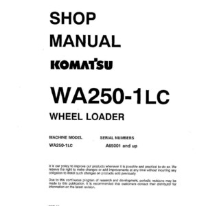 Op de afbeelding: Een witte werkplaatshandleiding voor een Komatsu WA250-1LC wiellader. De omslag toont de tekst "SHOP MANUAL" boven "KOMATSU" en "WA250-1LC WHEEL LOADER". De handleiding bevat informatie over het machinemodel en het serienummer.