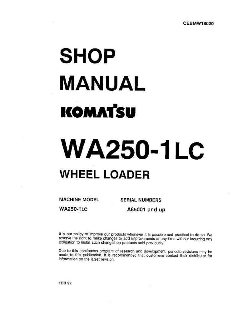 Op de afbeelding: Een witte werkplaatshandleiding voor een Komatsu WA250-1LC wiellader. De omslag toont de tekst "SHOP MANUAL" boven "KOMATSU" en "WA250-1LC WHEEL LOADER". De handleiding bevat informatie over het machinemodel en het serienummer.