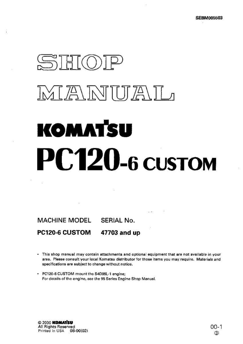 Op de afbeelding: Een witte werkplaatshandleiding voor een Komatsu PC120-6 CUSTOM machine. De cover toont de tekst "SHOP MANUAL" en "KOMATSU PC120-6 CUSTOM" in vette, zwarte letters. De handleiding bevat het machinemodel en het serienummer.