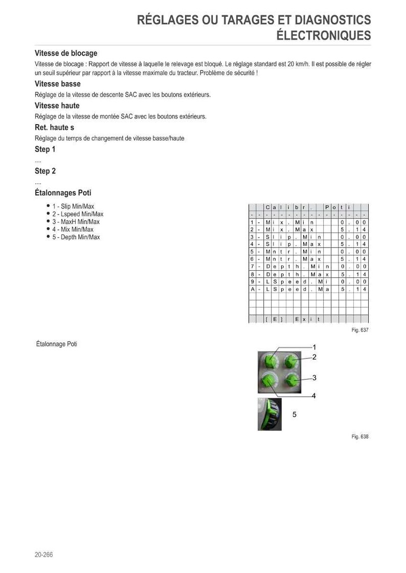 May include: A technical diagram with text in French, including "R&Eacute;GLAGES OU TARAGES ET DIAGNOSTICS &Eacute;LECTRONIQUES". It features tables, diagrams, and images of green buttons, likely related to machinery calibration and speed settings.