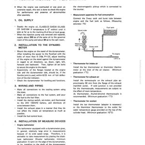 May include: A manual page with text and diagrams explaining engine performance testing and adjustment. Topics include oil supply, dynamometer setup, wiring, and the installation of measuring devices.
