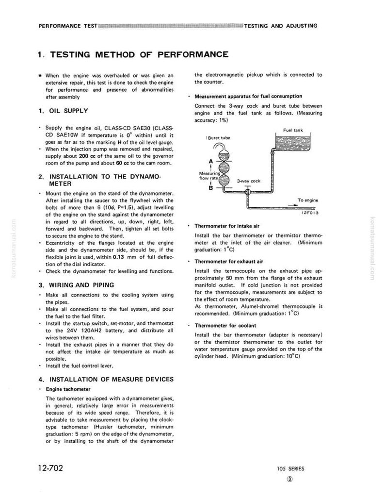 May include: A manual page with text and diagrams explaining engine performance testing and adjustment. Topics include oil supply, dynamometer setup, wiring, and the installation of measuring devices.