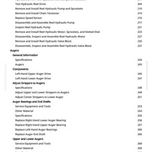 May include: A manual page featuring a detailed table of contents. Sections cover hydraulic systems, augers, and bearings, with page numbers listed. The page number is 5.