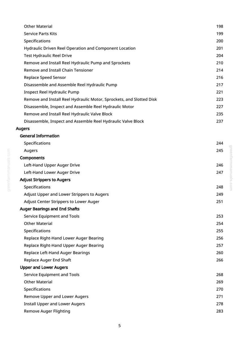 May include: A manual page featuring a detailed table of contents. Sections cover hydraulic systems, augers, and bearings, with page numbers listed. The page number is 5.
