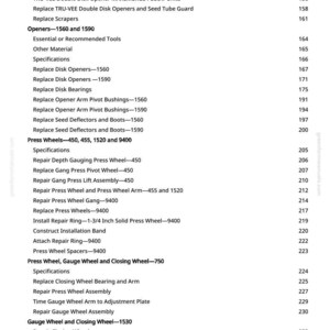 K&ouml;nnte beinhalten: Eine detaillierte Teileliste von greenfarmmanuals.com mit verschiedenen Komponenten f&uuml;r landwirtschaftliche Ger&auml;te. Der Text enth&auml;lt Abschnitte &uuml;ber &Ouml;ffner, Andruckrollen und Messr&auml;der mit entsprechenden Seitenzahlen.