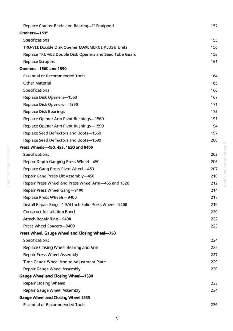 K&ouml;nnte beinhalten: Eine detaillierte Teileliste von greenfarmmanuals.com mit verschiedenen Komponenten f&uuml;r landwirtschaftliche Ger&auml;te. Der Text enth&auml;lt Abschnitte &uuml;ber &Ouml;ffner, Andruckrollen und Messr&auml;der mit entsprechenden Seitenzahlen.