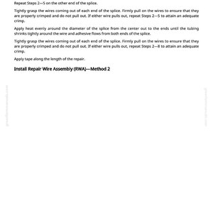 May include: A white page with instructions for installing a repair wire assembly. The text includes steps for crimping wires and applying heat to a splice. The text also includes the website address greenfarmmanuals.com.