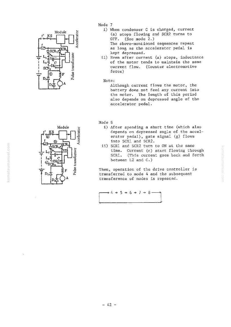 May include: Diagram of an electrical circuit with text descriptions. The diagram includes symbols for capacitors, resistors, and other electronic components. Text includes "Mode 7" and "Mode 8" with explanations.