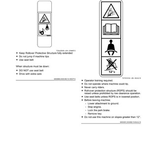 May include: Safety labels with safety instructions. The image shows two safety labels with pictograms and text. One label warns against crushing, and the other warns against injury. The labels provide instructions for safe operation.