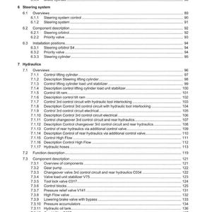 May include: A detailed table of contents from a manual, featuring sections on installation positions, steering systems, and hydraulics. The document includes various sub-sections and page numbers, with the Weidemann logo at the top.