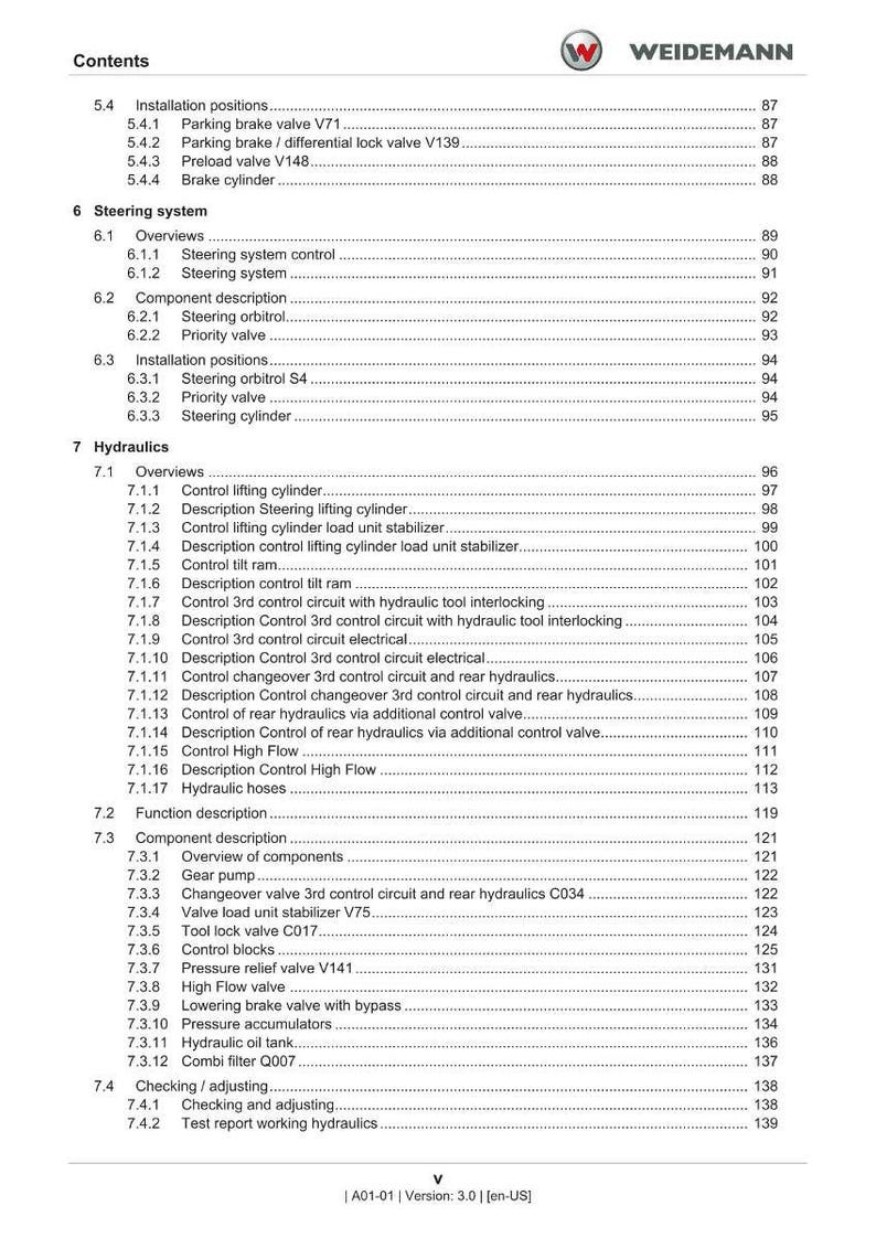 May include: A detailed table of contents from a manual, featuring sections on installation positions, steering systems, and hydraulics. The document includes various sub-sections and page numbers, with the Weidemann logo at the top.