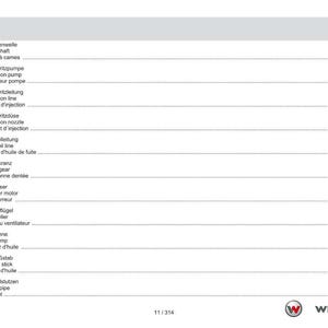 May include: A page from a technical manual, featuring a table of contents in German, English, and French. The list includes terms like "Camshaft," "Injection pump," and "Oil sump," with corresponding page numbers.