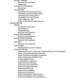 Puede incluir: Una lista de procedimientos de servicio y mantenimiento del motor, incluyendo instrucciones de calibraci&oacute;n, extracci&oacute;n e instalaci&oacute;n. El texto en negro sobre fondo blanco est&aacute; organizado con vi&ntilde;etas.