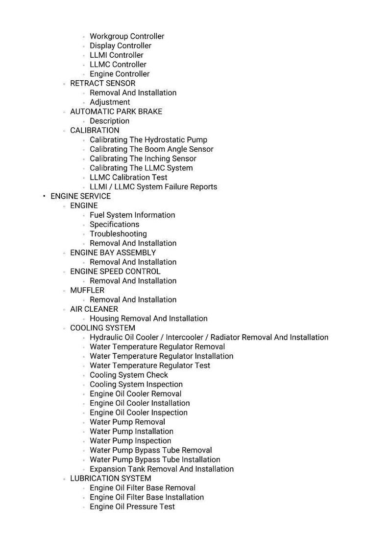 Puede incluir: Una lista de procedimientos de servicio y mantenimiento del motor, incluyendo instrucciones de calibraci&oacute;n, extracci&oacute;n e instalaci&oacute;n. El texto en negro sobre fondo blanco est&aacute; organizado con vi&ntilde;etas.