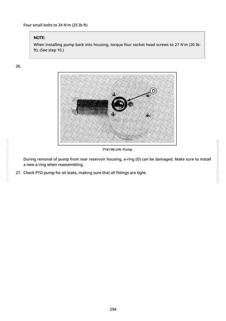 May include: Diagram of a pump assembly with a detailed view of a bolt and a-ring. The image includes text instructions for torque specifications in pound-feet and Newton-meters. The text also includes a note about potential damage to the a-ring.