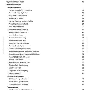 May include: A detailed table of contents from a manual, with a white background and black text. The headings include "Safety Information," "General Specifications," and "Torque Values." Page numbers are listed on the right.