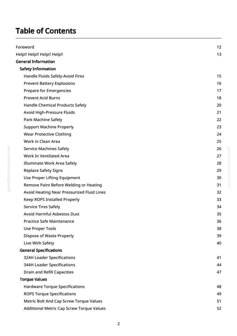 May include: A detailed table of contents from a manual, with a white background and black text. The headings include "Safety Information," "General Specifications," and "Torque Values." Page numbers are listed on the right.