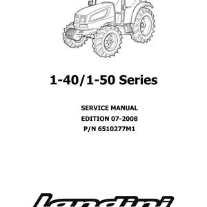 以下が含まれることがあります： トラクターの白黒線画。画像には「1-40/1-50 Series」、「SERVICE MANUAL」、「EDITION 07-2008」、「P/N 6510277M1」、およびLandiniのロゴが含まれています。