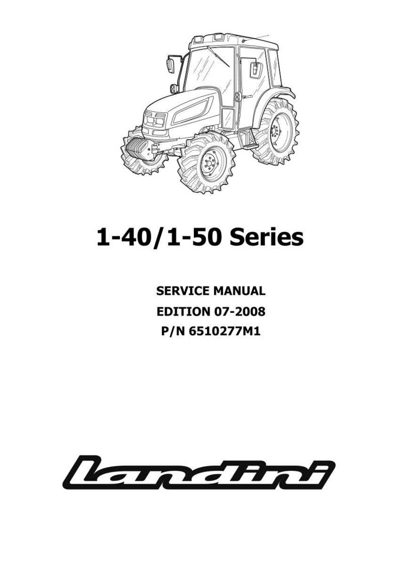 以下が含まれることがあります： トラクターの白黒線画。画像には「1-40/1-50 Series」、「SERVICE MANUAL」、「EDITION 07-2008」、「P/N 6510277M1」、およびLandiniのロゴが含まれています。