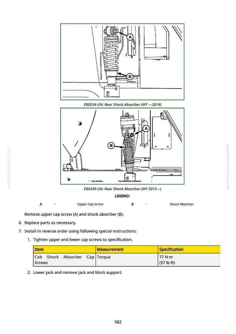 May include: Diagram of a rear shock absorber with labels A and B, and the text "Rear Shock Absorber". Includes a table with torque specifications of 77 N-m (57 lb-ft).