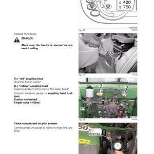 May include: Diagram from a Fendt tractor manual detailing the dual-line brake system. The image includes diagrams of the system, with labels and measurements in bar. Text includes safety warnings and instructions.