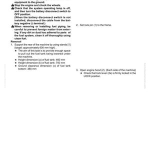 May include: A page from a manual detailing the removal and installation of a fuel tank assembly. The text includes instructions, diagrams, and measurements in millimeters. The document is labeled with the title, "Removal and installation of fuel tank assembly."