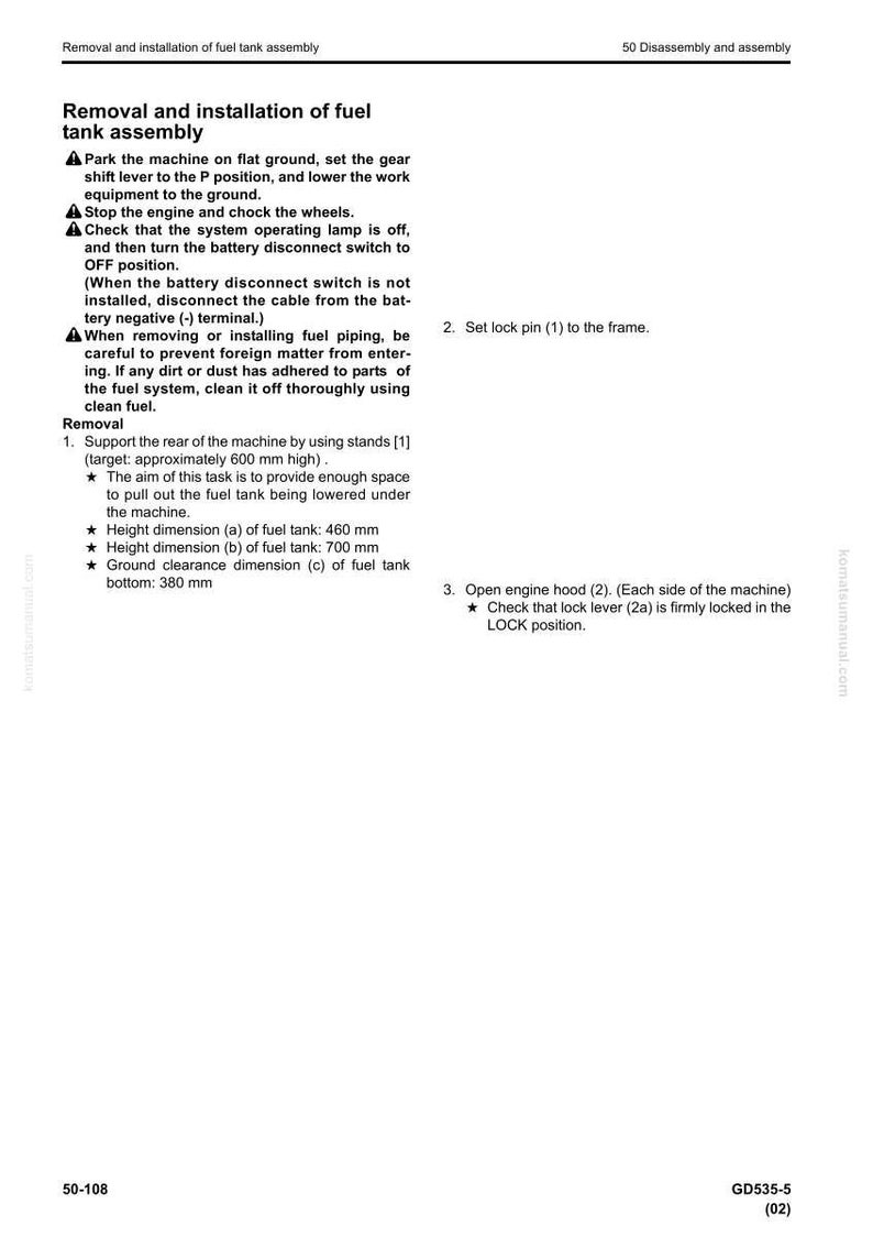 May include: A page from a manual detailing the removal and installation of a fuel tank assembly. The text includes instructions, diagrams, and measurements in millimeters. The document is labeled with the title, "Removal and installation of fuel tank assembly."