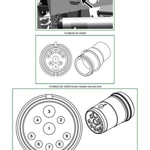 May include: Diagram of electrical connectors, including a circular connector with numbered pins and a cylindrical connector. The image includes the text "H130629-UN: XX903" and "H130626-UN: XX903 Center Header Harness End".