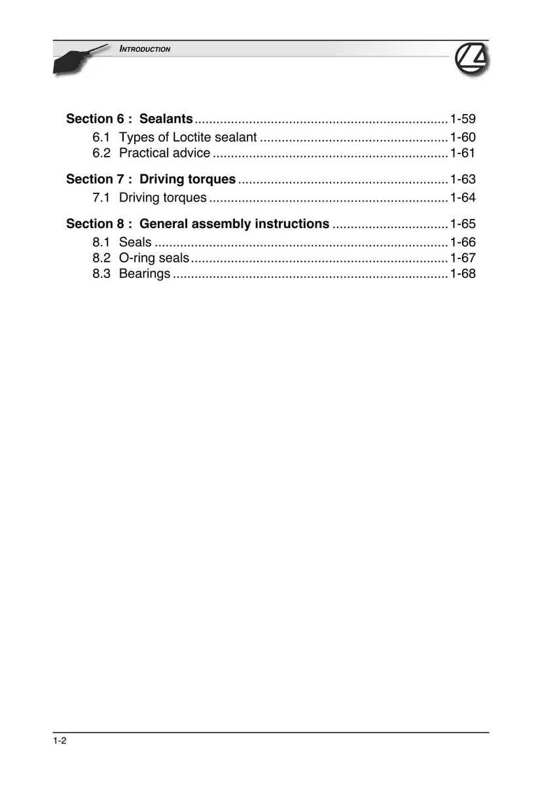 K&ouml;nnte beinhalten: Eine wei&szlig;e Seite mit einem Inhaltsverzeichnis aus einem Handbuch. Die Abschnitte umfassen Dichtstoffe, Anzugsdrehmomente und allgemeine Montageanweisungen. Seitenzahlen sind rechts aufgef&uuml;hrt.