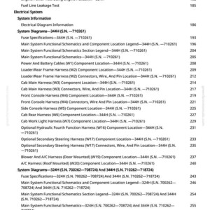 May include: A detailed contents page from a manual, listing electrical system diagrams and harness locations. Includes specifications for fuses, schematics, and component locations. Page numbers are on the right.
