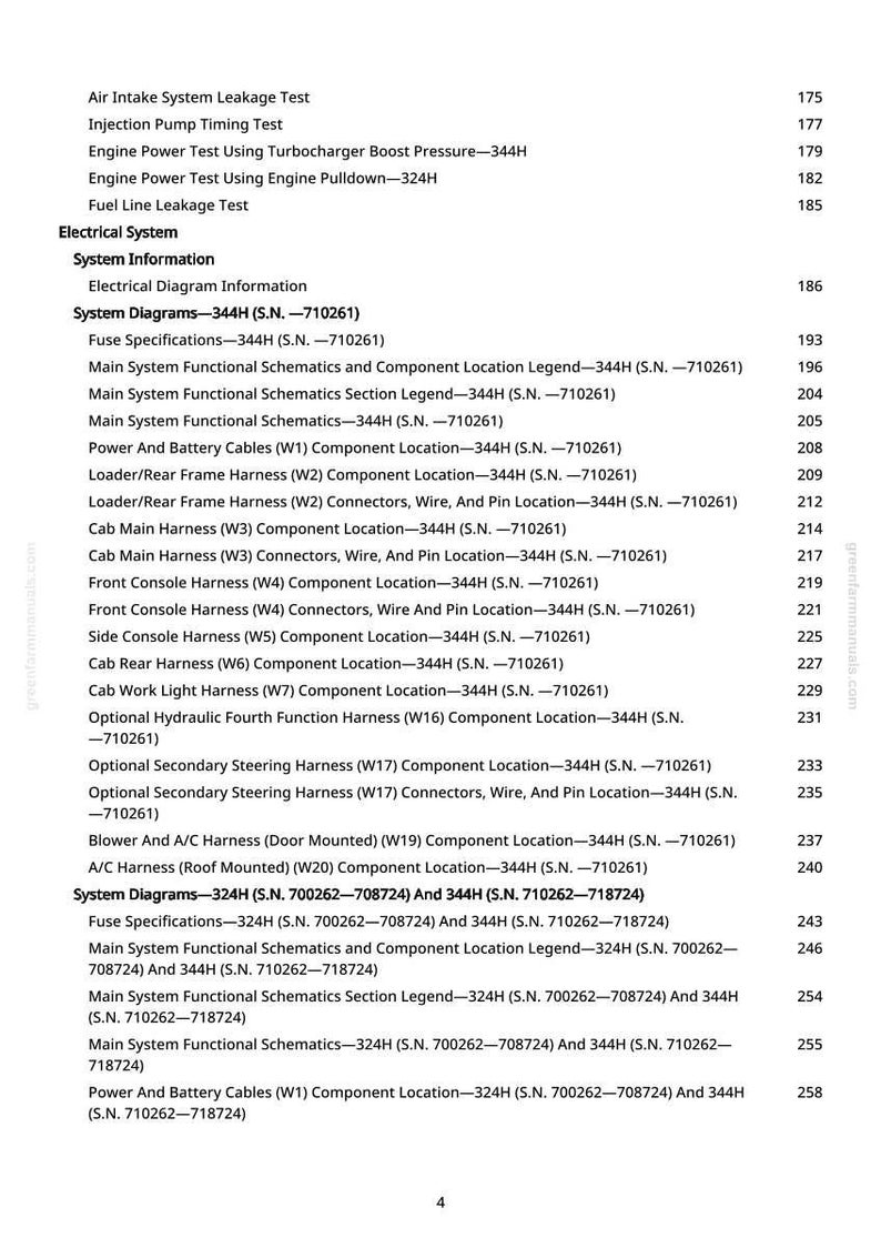 May include: A detailed contents page from a manual, listing electrical system diagrams and harness locations. Includes specifications for fuses, schematics, and component locations. Page numbers are on the right.