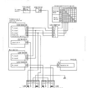 May include: A detailed electrical circuit diagram labeled "T-9 Related electrical circuit diagram." The diagram includes components like a fuse box, directional switch, and joystick steering controller, with various signal pathways and component designations.