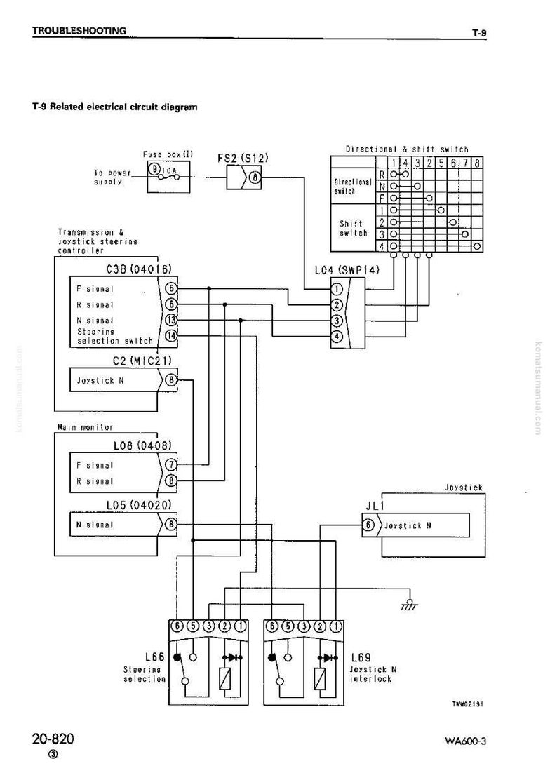 May include: A detailed electrical circuit diagram labeled "T-9 Related electrical circuit diagram." The diagram includes components like a fuse box, directional switch, and joystick steering controller, with various signal pathways and component designations.
