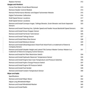 Puede incluir: Una lista detallada de los procedimientos de mantenimiento de equipos agr&iacute;colas, que incluye la sustituci&oacute;n de sensores y las instrucciones de calibraci&oacute;n. El documento est&aacute; organizado con pasos numerados y cubre varios componentes como el motor del limpiaparabrisas y la radio.