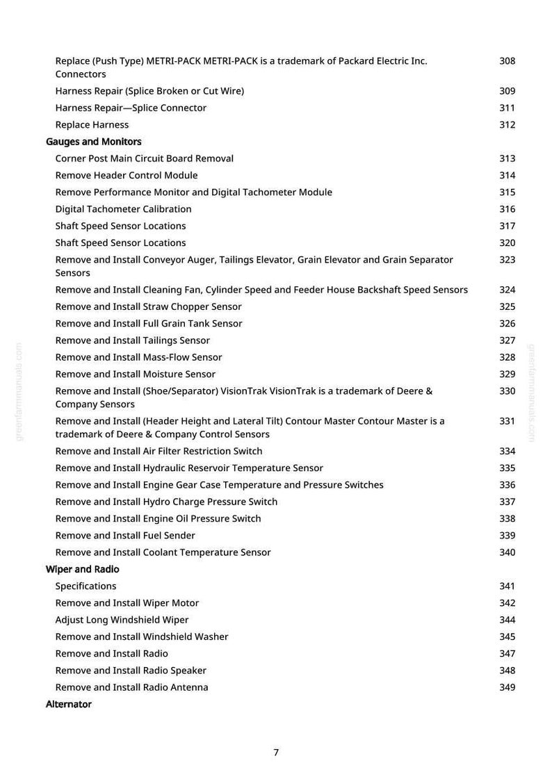 Puede incluir: Una lista detallada de los procedimientos de mantenimiento de equipos agr&iacute;colas, que incluye la sustituci&oacute;n de sensores y las instrucciones de calibraci&oacute;n. El documento est&aacute; organizado con pasos numerados y cubre varios componentes como el motor del limpiaparabrisas y la radio.