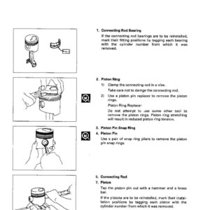 Puede incluir: Diagrama del montaje del motor con instrucciones detalladas. Incluye ilustraciones de cojinetes de biela, aros de pist&oacute;n, anillos de retenci&oacute;n del pasador del pist&oacute;n y pasadores de pist&oacute;n. El texto explica cada paso para el mantenimiento y la reparaci&oacute;n del motor.
