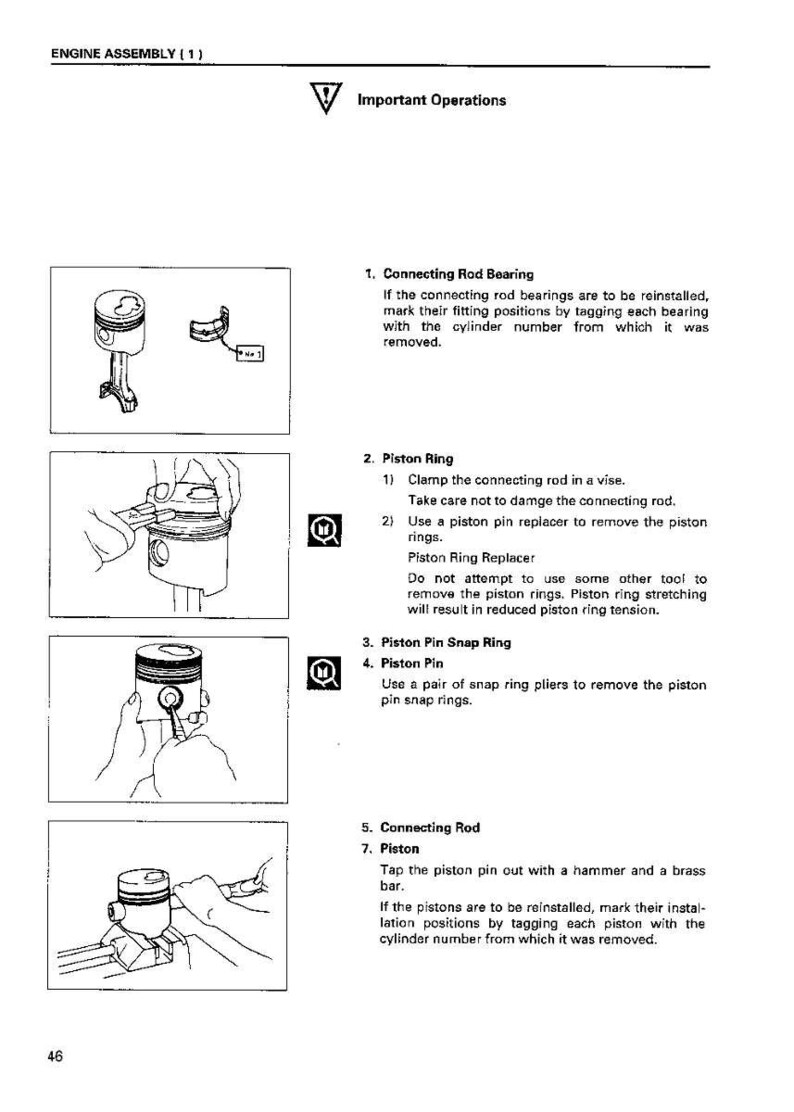 Puede incluir: Diagrama del montaje del motor con instrucciones detalladas. Incluye ilustraciones de cojinetes de biela, aros de pist&oacute;n, anillos de retenci&oacute;n del pasador del pist&oacute;n y pasadores de pist&oacute;n. El texto explica cada paso para el mantenimiento y la reparaci&oacute;n del motor.