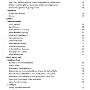 May include: A detailed table of contents from a manual, listing topics such as platform weights, cutterbar components, feed drum repair, and reel repair. The text is in black on a white background, with page numbers on the right.