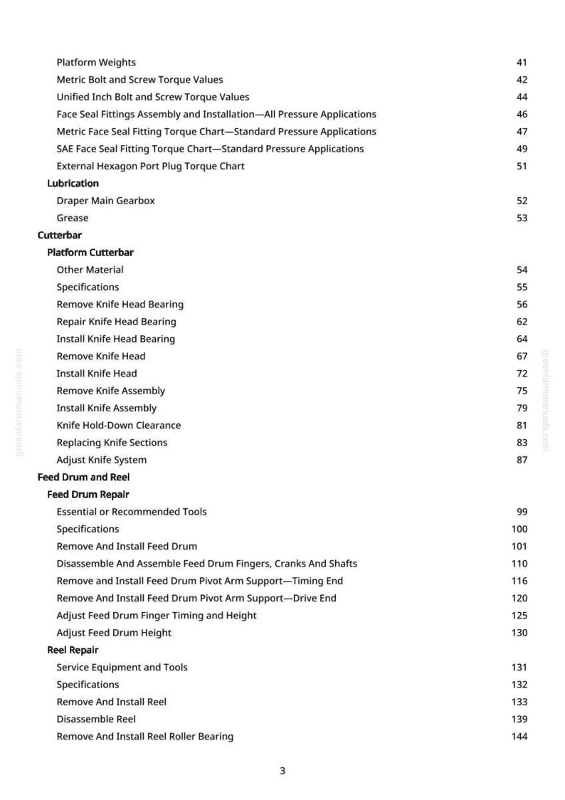 May include: A detailed table of contents from a manual, listing topics such as platform weights, cutterbar components, feed drum repair, and reel repair. The text is in black on a white background, with page numbers on the right.