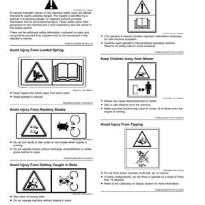 May include: A page of safety labels with no text, showing warning symbols and instructions for machinery operation. Includes symbols for avoiding injury from loaded springs, rotating blades, and tipping, plus warnings about keeping children away from mowers.