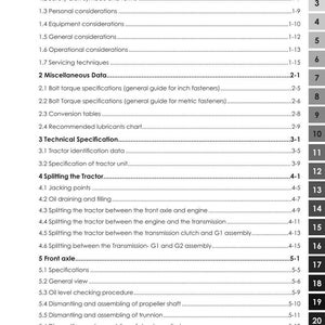 May include: A detailed table of contents from a manual for ARGO tractors. The document is titled "1 Introduction and Safety" and includes sections on safety symbols, equipment, and servicing techniques. The document is white with black text.