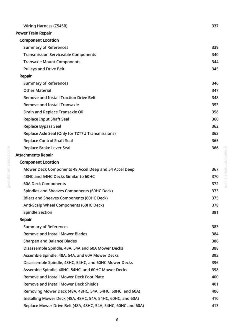 May include: A page from a repair manual with a table of contents. The headings include Wiring Harness, Power Train Repair, and Repair. The manual covers mower deck components and spindle repair.