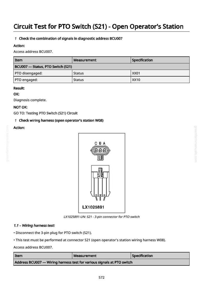 Pu&ograve; includere: Diagramma di un test del circuito per un interruttore PTO, incluso un test del cablaggio. L'immagine presenta uno schema di un connettore a 3 pin etichettato LX1025891, insieme a istruzioni e specifiche del test. Il testo include "Circuit Test for PTO Switch (S21)".