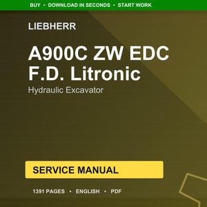 Pu&ograve; includere: Un manuale di servizio per un escavatore idraulico Liebherr A900C ZW EDC F.D. Litronic. La copertina &egrave; un gradiente di verde oliva e marrone con testo bianco. Il manuale include 1391 pagine ed &egrave; in inglese.