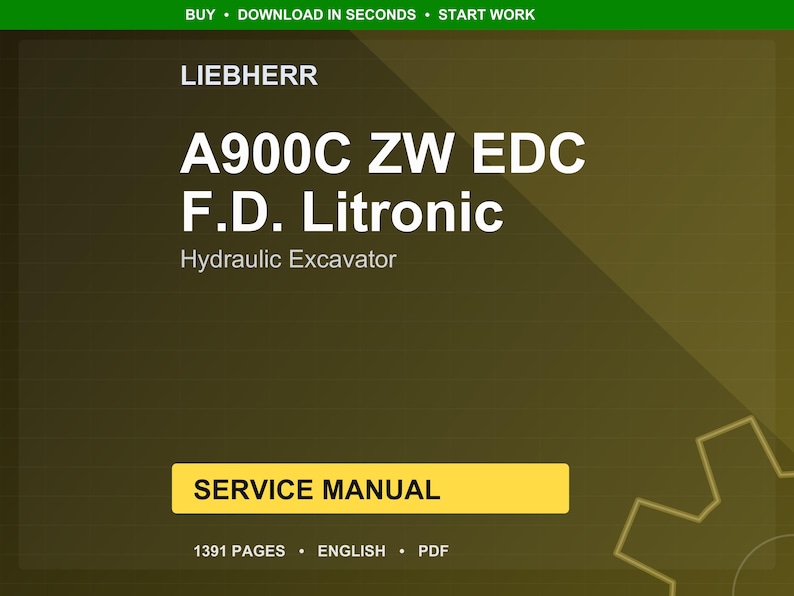 Pu&ograve; includere: Un manuale di servizio per un escavatore idraulico Liebherr A900C ZW EDC F.D. Litronic. La copertina &egrave; un gradiente di verde oliva e marrone con testo bianco. Il manuale include 1391 pagine ed &egrave; in inglese.