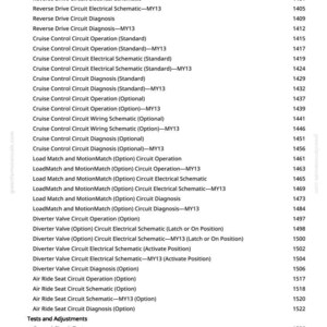 May include: A page from a manual detailing automotive electrical system tests and adjustments. The text includes terms such as "Cruise Control," "Diverter Valve," and "Air Ride Seat Circuit." The page number is 10.