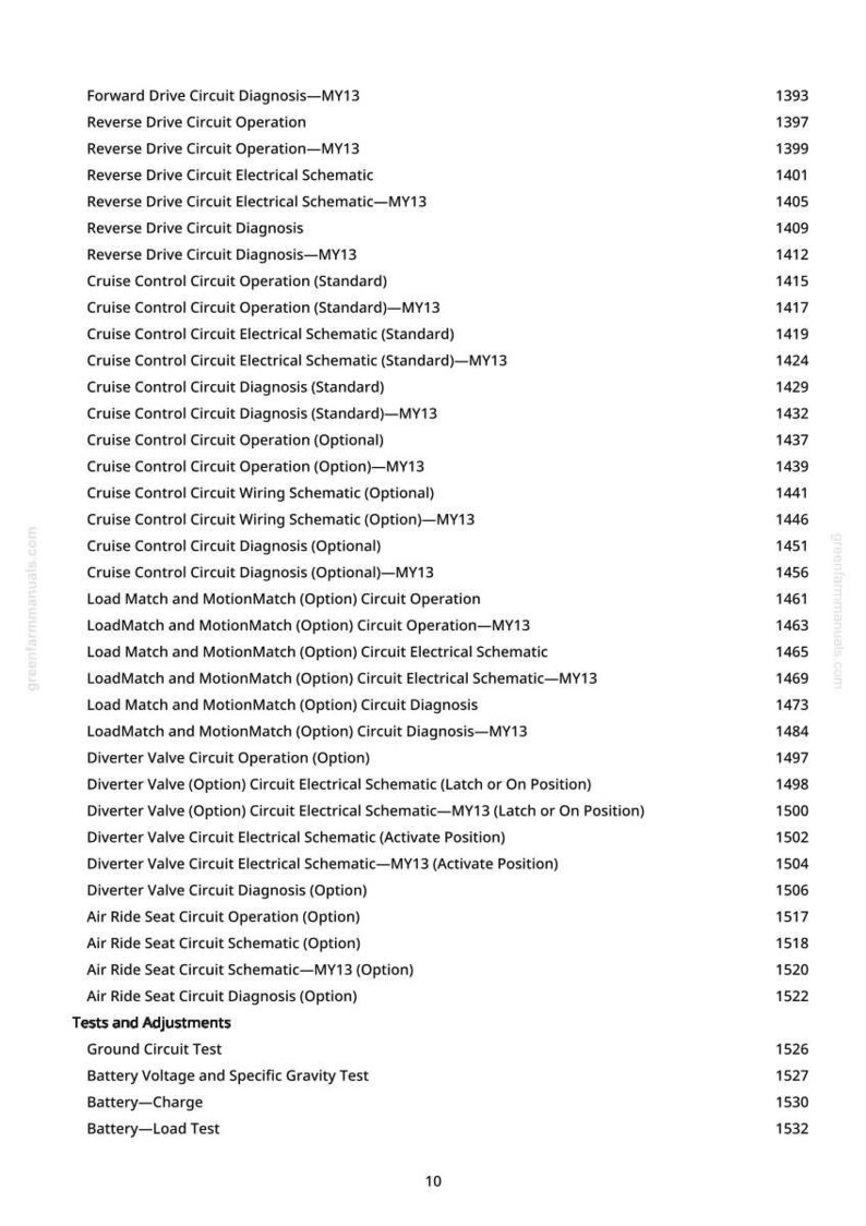 May include: A page from a manual detailing automotive electrical system tests and adjustments. The text includes terms such as "Cruise Control," "Diverter Valve," and "Air Ride Seat Circuit." The page number is 10.