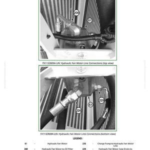May include: Diagram of hydraulic fan motor connections, including lines and fittings. The image shows top and bottom views, with labels for components like the hydraulic fan motor and manifold line. The text includes instructions for maintenance.